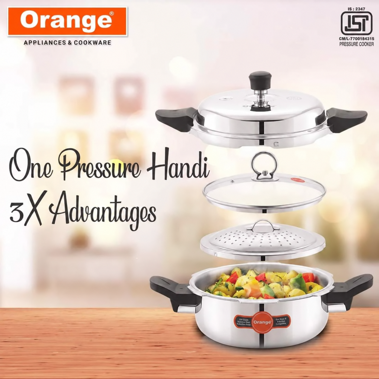 Orange Triply Pressure Cooker – 3.5L